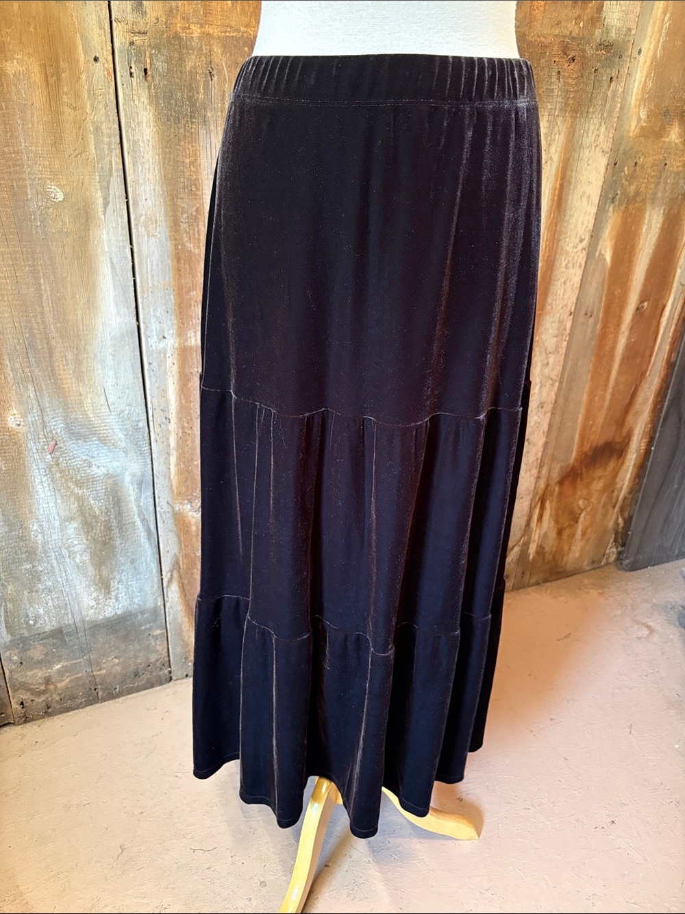 Chico's Brown Velvet Tiered Maxi Skirt Women's Size 2  12/14 Large Boho Prairie
